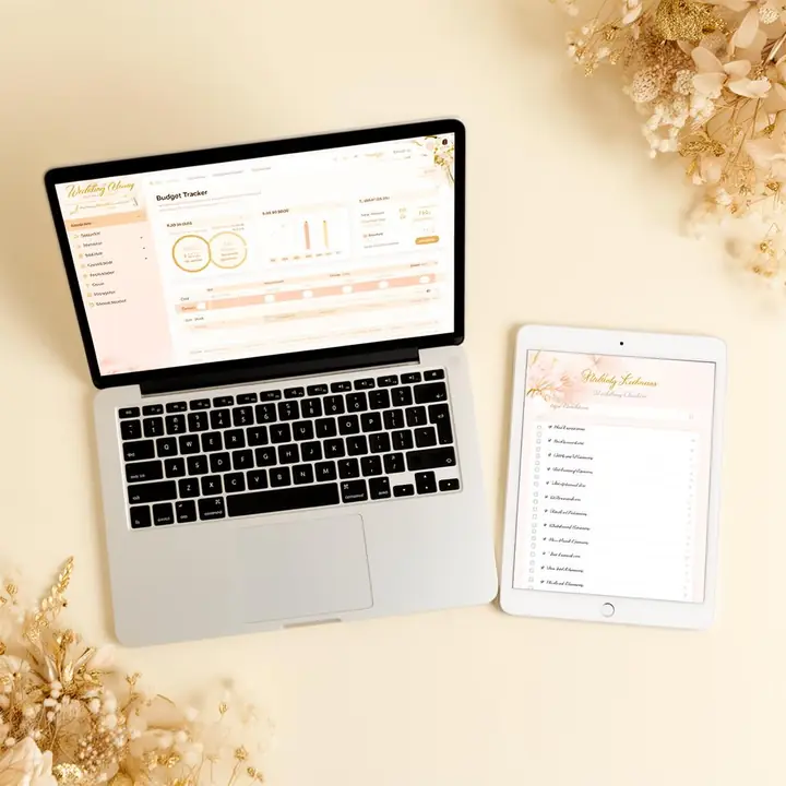 Wedding planning templates open on a laptop and tablet — budget tracker and checklist