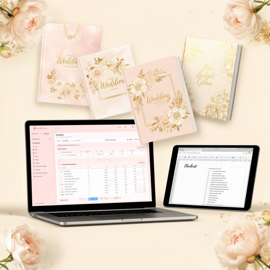 The Complete Wedding Package — laptop and tablet showing planning templates, budget tracker and checklists with elegant gold floral ebook covers